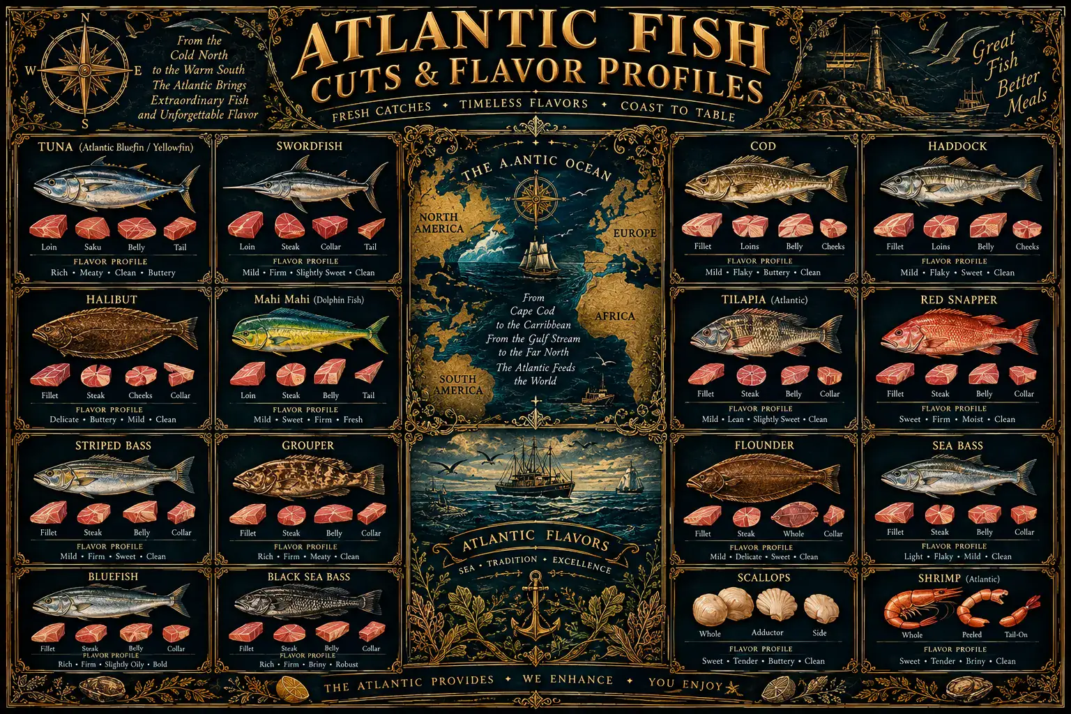 Atlantic Fish: an illustrated reference plate. Its full text is transcribed below.