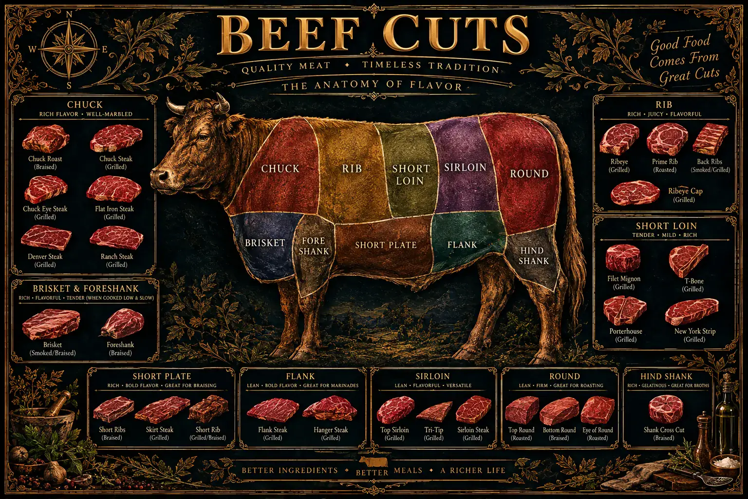 Beef Cuts: an illustrated reference plate. Its full text is transcribed below.
