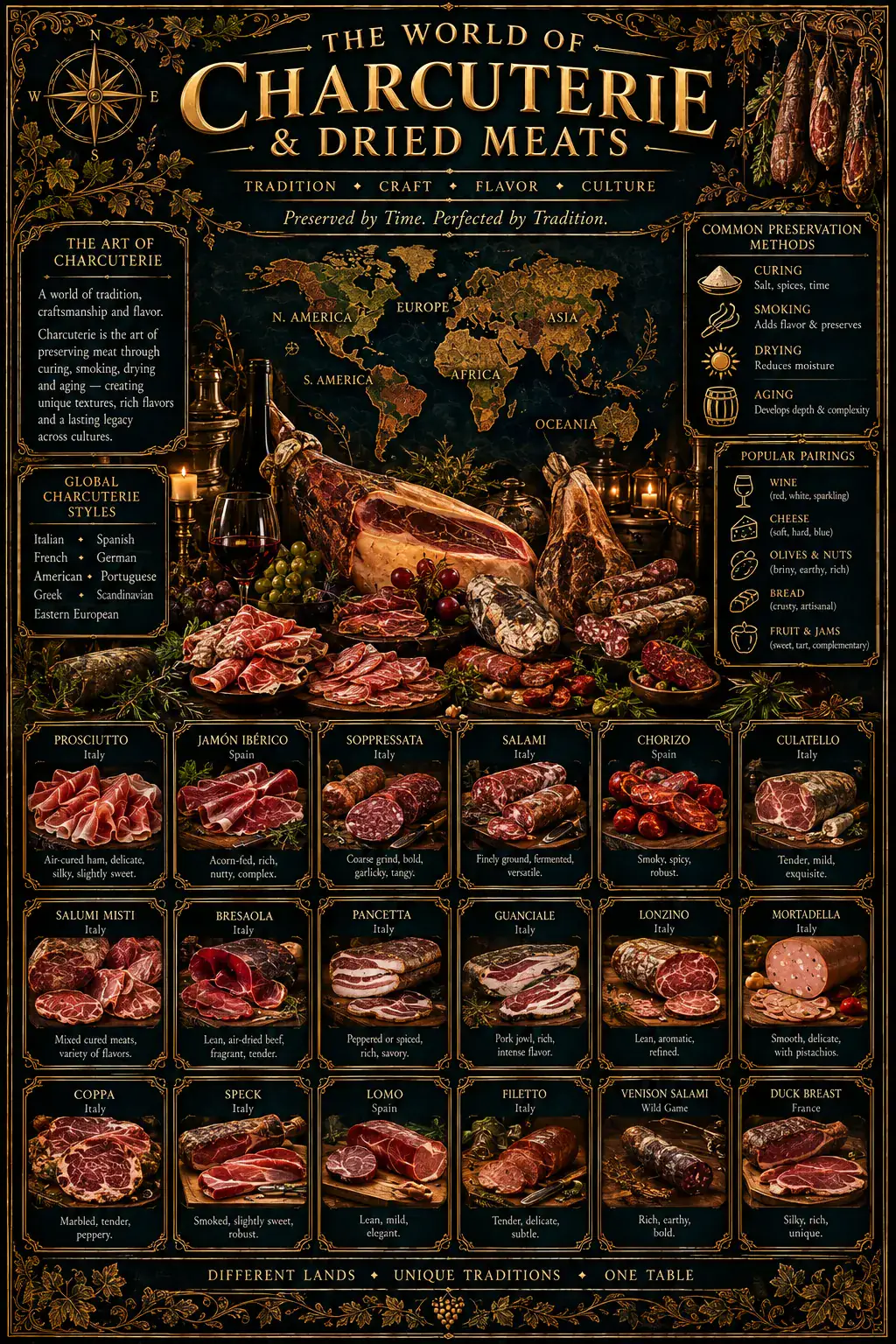 The World of Charcuterie & Dried Meats: an illustrated reference plate. Its full text is transcribed below.
