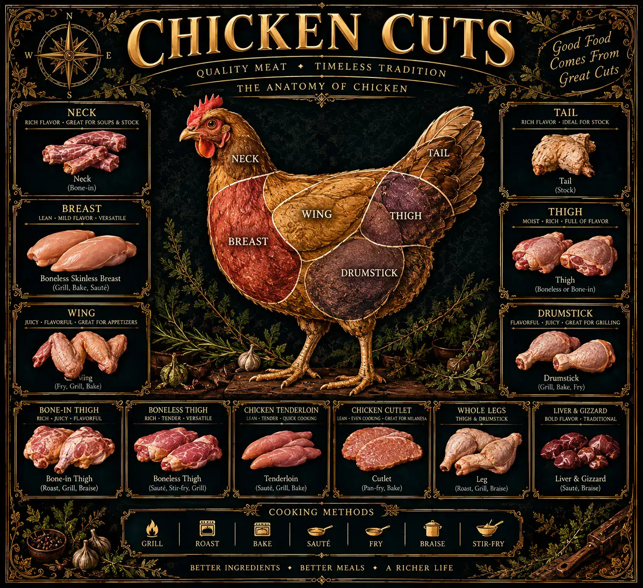 Chicken Cuts: an illustrated reference plate. Its full text is transcribed below.