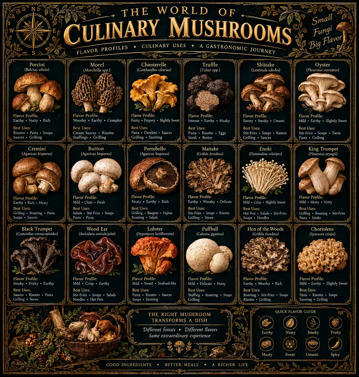 The World of Culinary Mushrooms: an illustrated reference plate. Its full text is transcribed below.