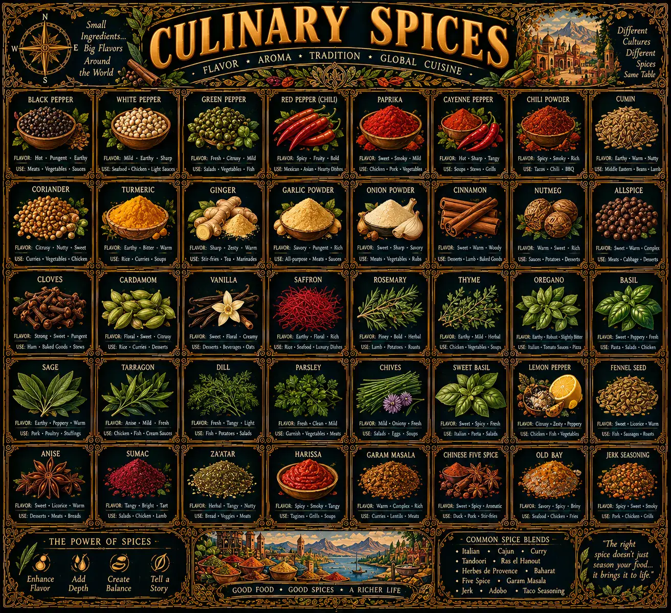 Culinary Spices: an illustrated reference plate. Its full text is transcribed below.