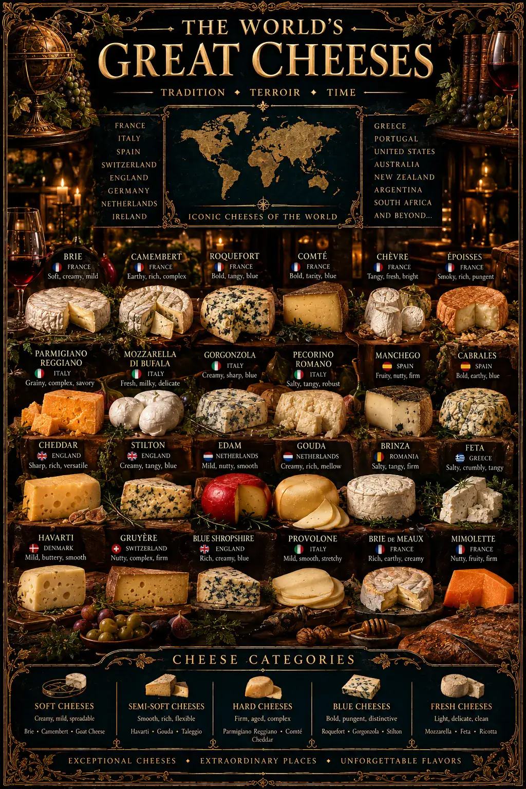 The World's Great Cheeses: an illustrated reference plate. Its full text is transcribed below.