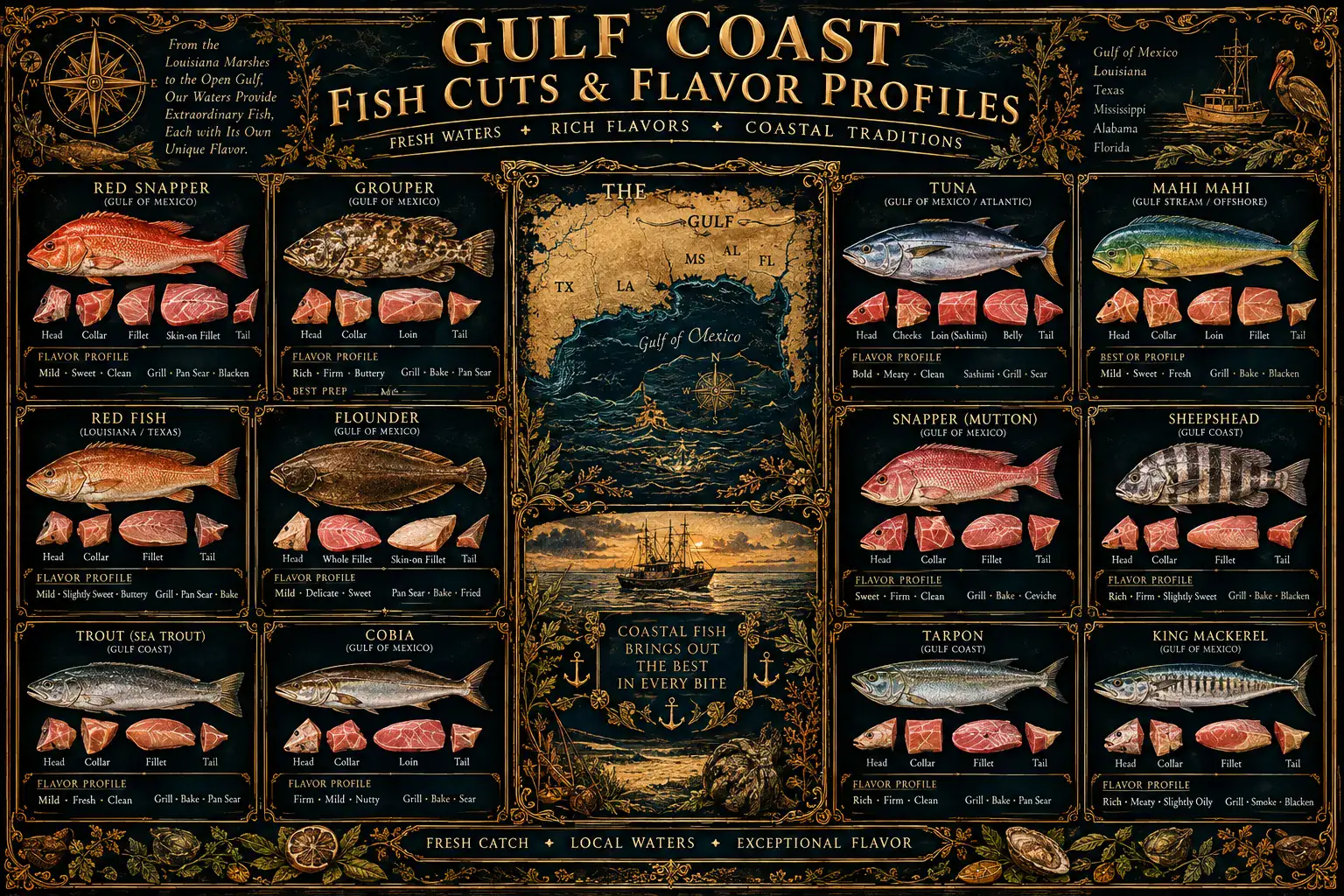 Gulf Coast Fish Cuts & Flavor Profiles: an illustrated reference plate. Its full text is transcribed below.