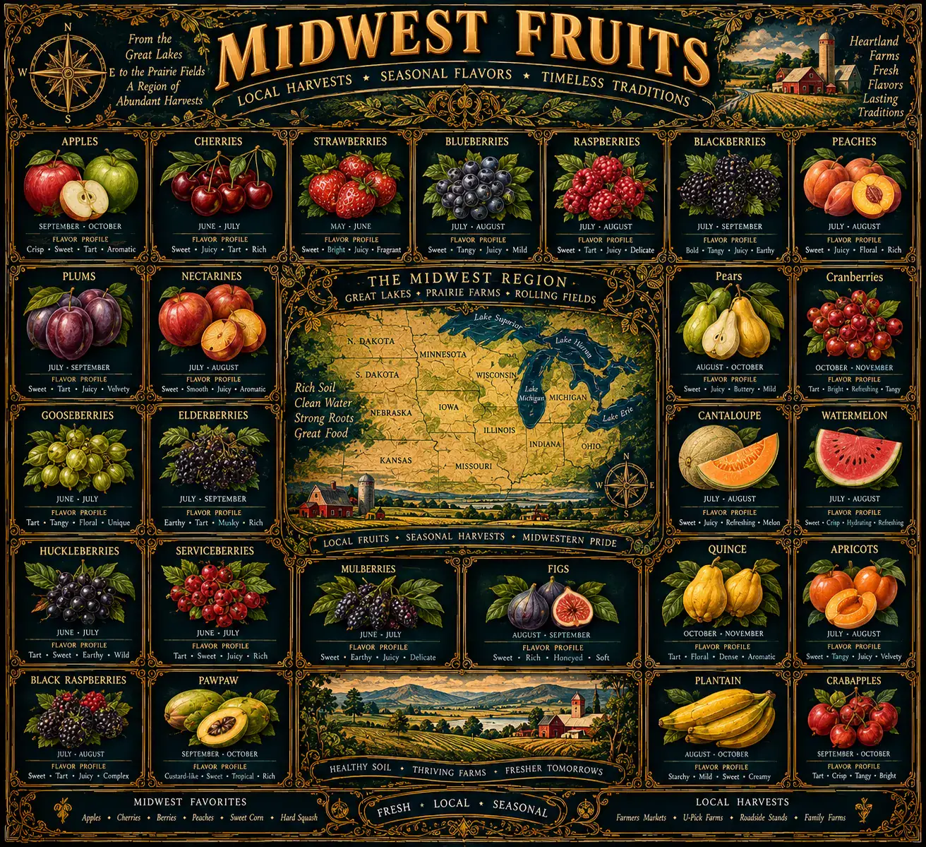 Midwest Fruits: an illustrated reference plate. Its full text is transcribed below.