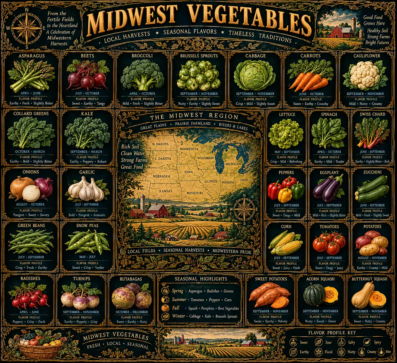 Midwest Vegetables: an illustrated reference plate. Its full text is transcribed below.