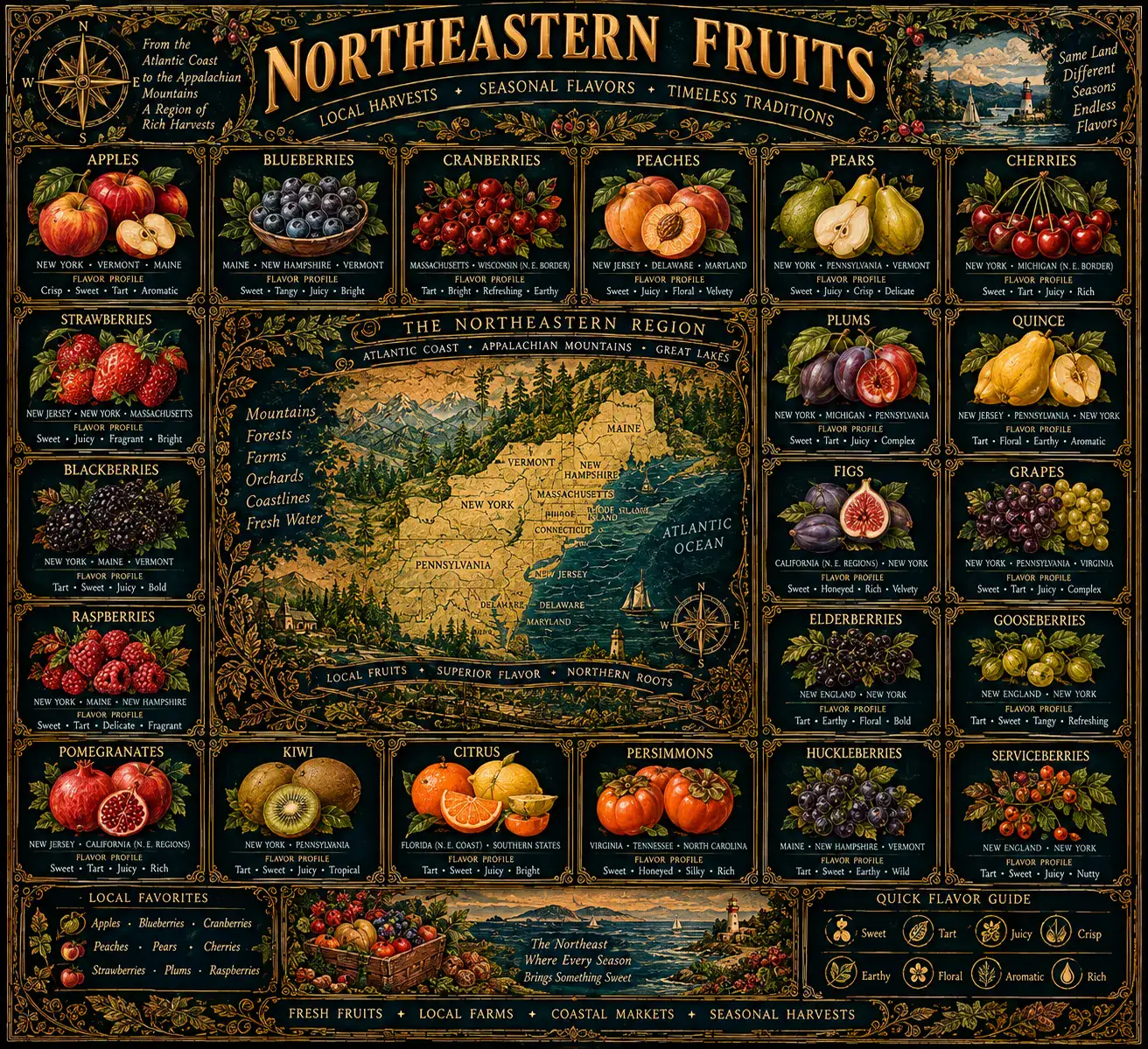 Northeastern Fruits: an illustrated reference plate. Its full text is transcribed below.