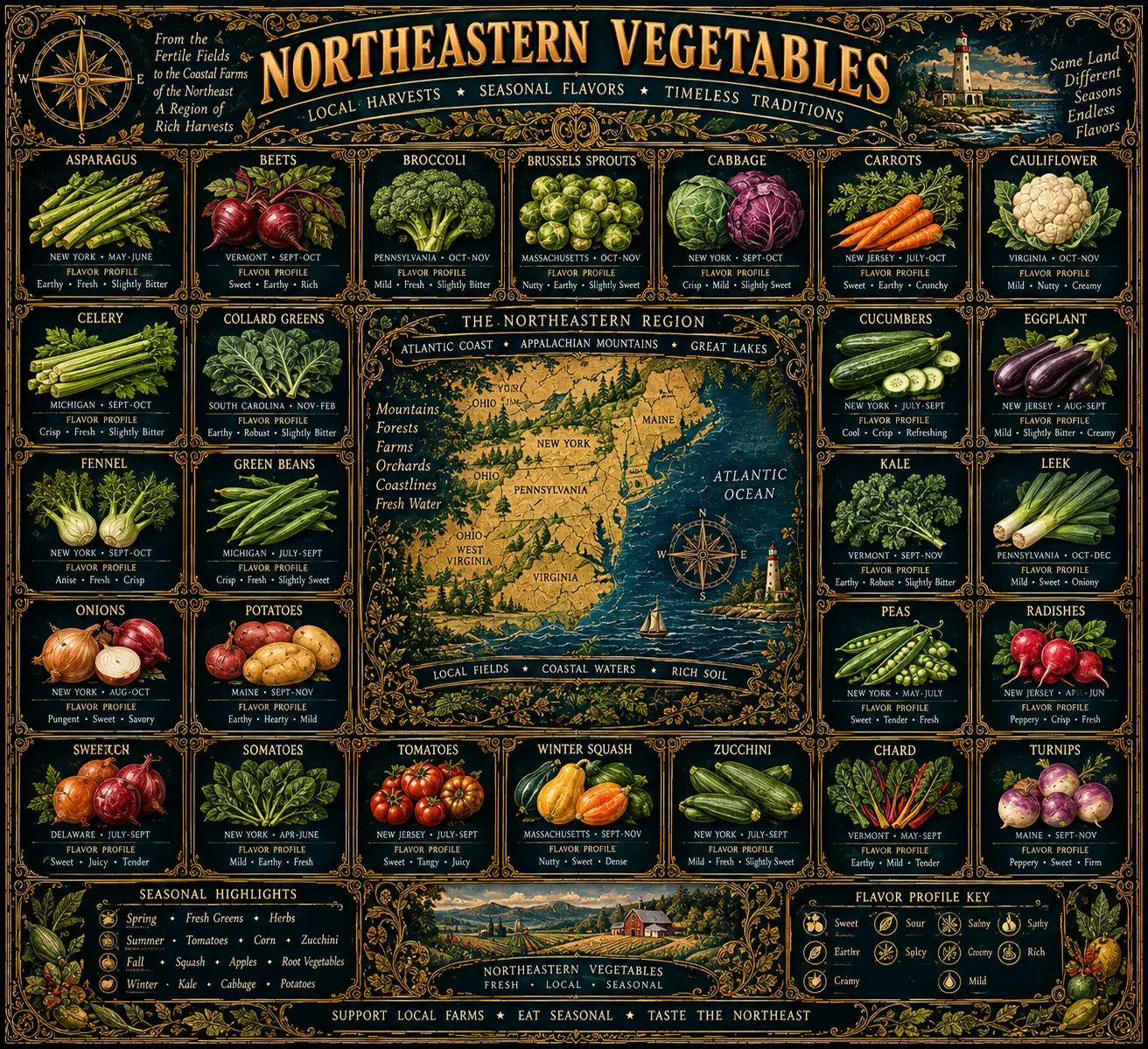Northeastern Vegetables: an illustrated reference plate. Its full text is transcribed below.