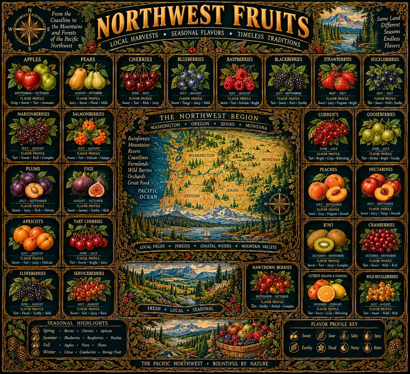 Northwest Fruits: an illustrated reference plate. Its full text is transcribed below.