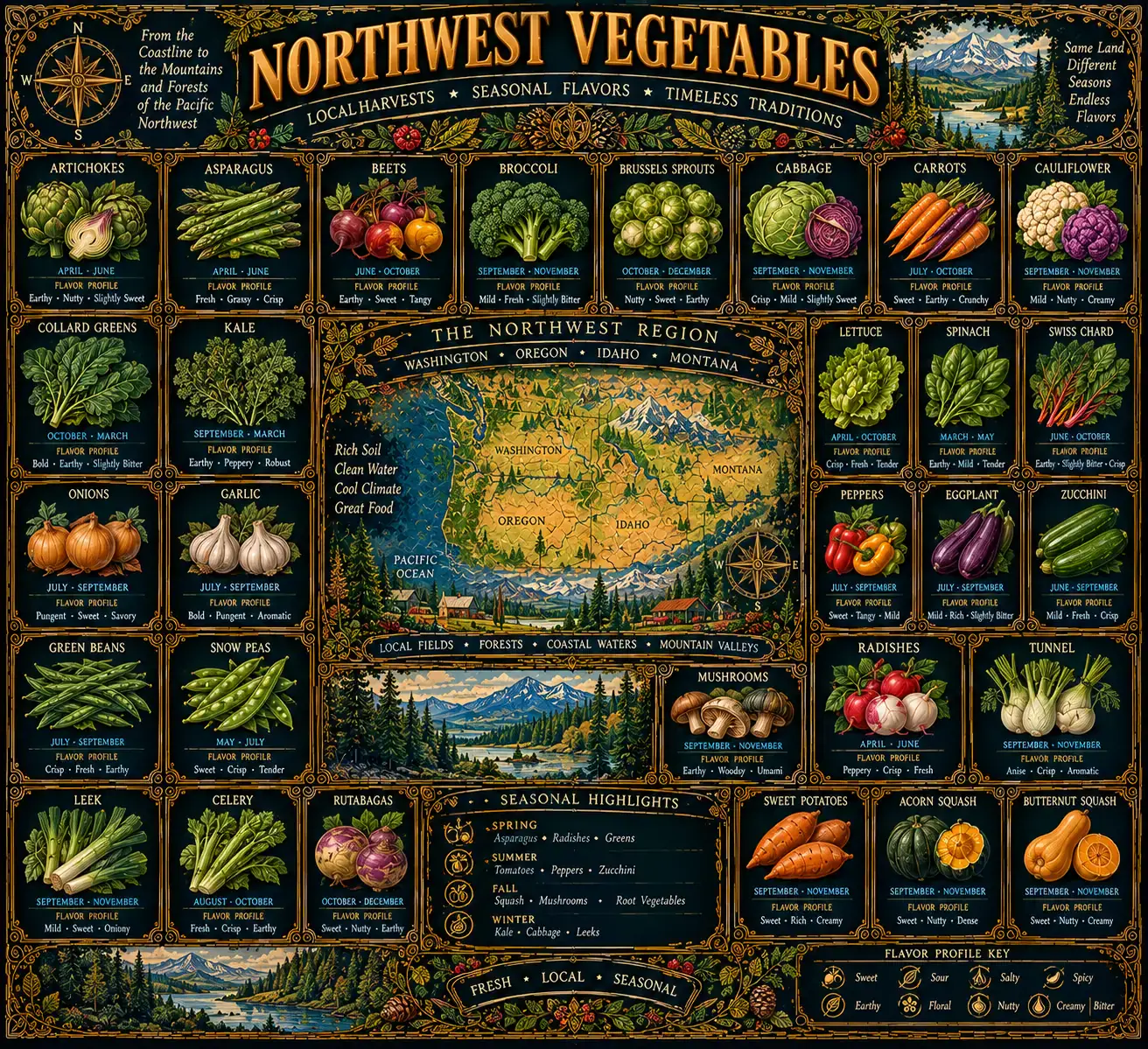 Northwest Vegetables: an illustrated reference plate. Its full text is transcribed below.