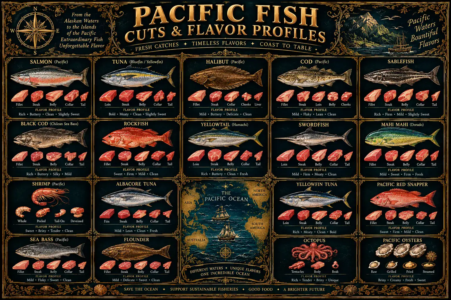 Pacific Fish: an illustrated reference plate. Its full text is transcribed below.