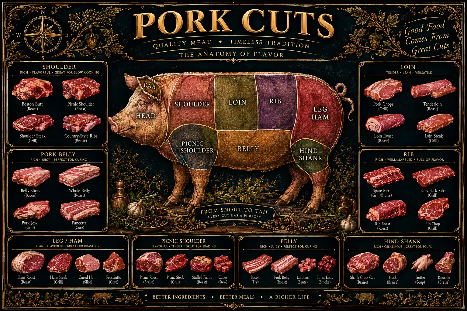 Pork Cuts: an illustrated reference plate. Its full text is transcribed below.