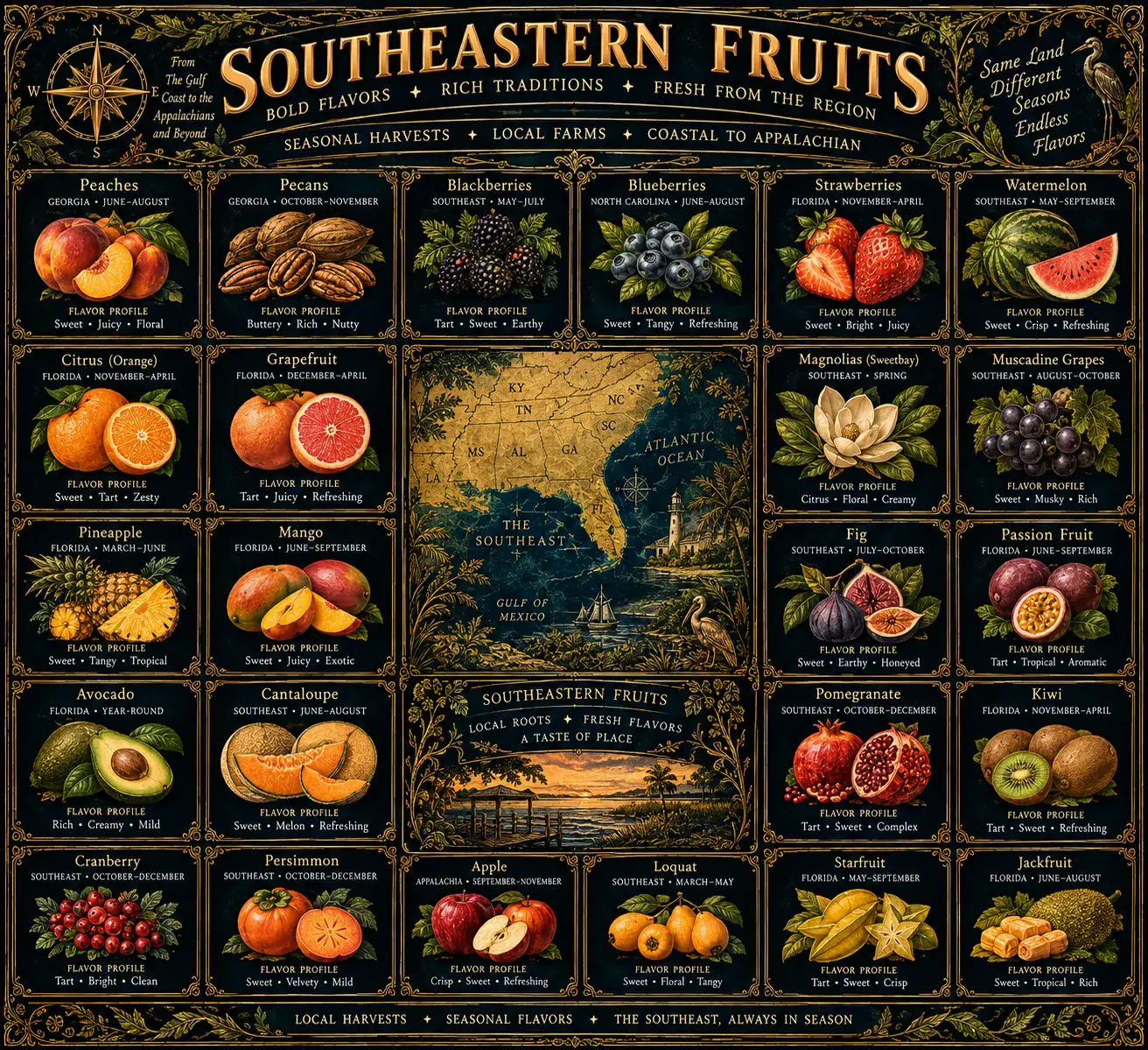 Southeastern Fruits: an illustrated reference plate. Its full text is transcribed below.