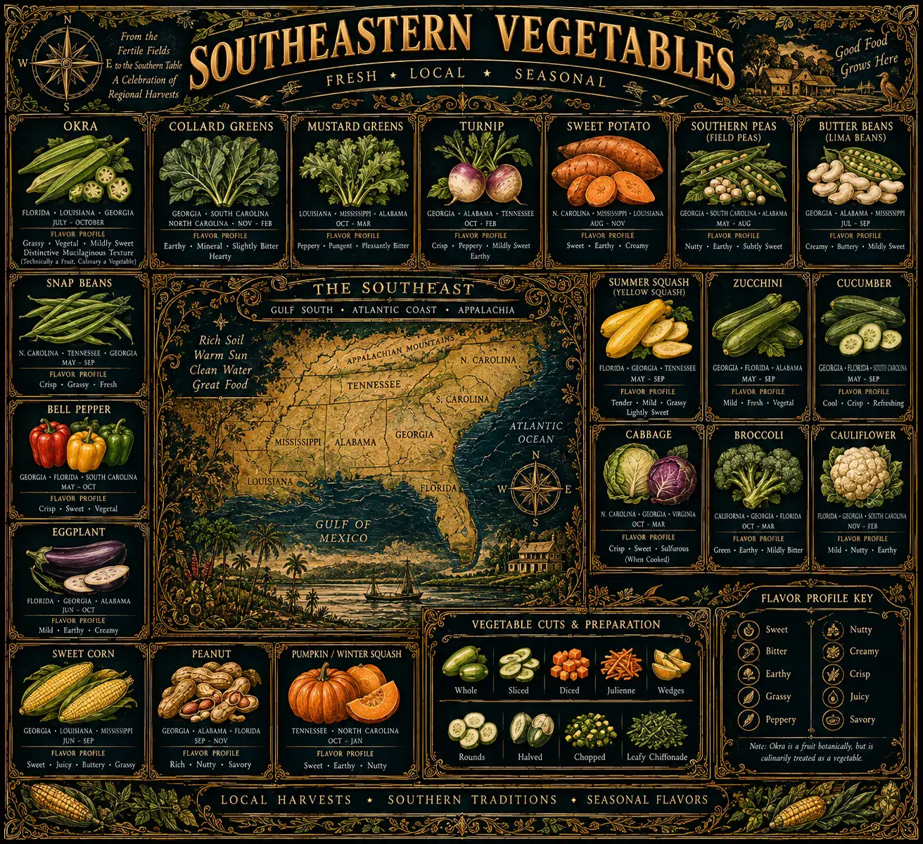 Southeastern Vegetables: an illustrated reference plate. Its full text is transcribed below.