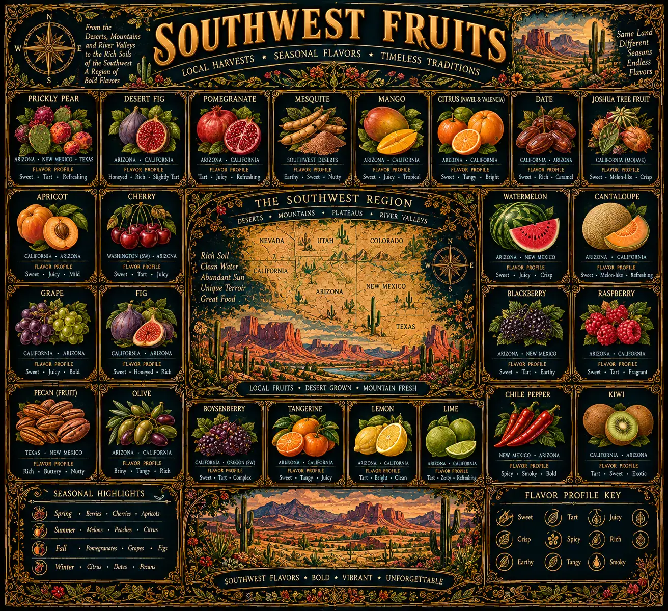 Southwest Fruits: an illustrated reference plate. Its full text is transcribed below.
