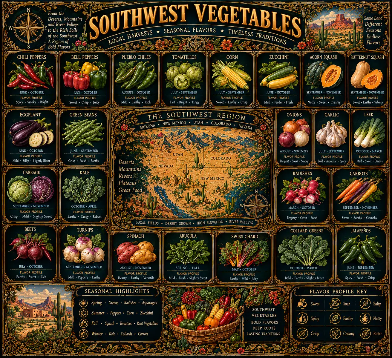 Southwest Vegetables: an illustrated reference plate. Its full text is transcribed below.